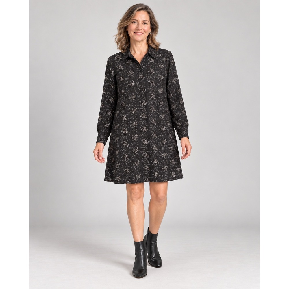 CP Shades Womens 100% Linen Floral Scroll Tunic Dress Black White Sm Minimalist